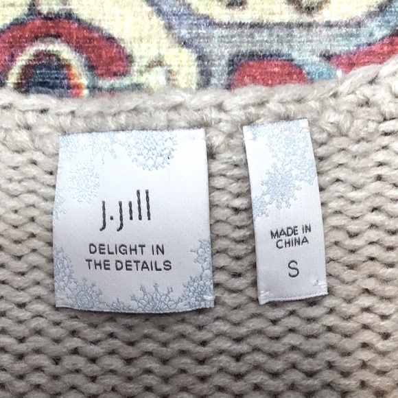 🌲J.JILL Oatmeal Hand Knit Wool Blend V Neck Embroidered Long Length - Picture 2 of 8